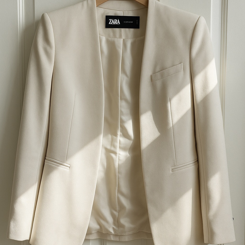 Zara Lapeless Fitted Blazer. Ecru. Size S.